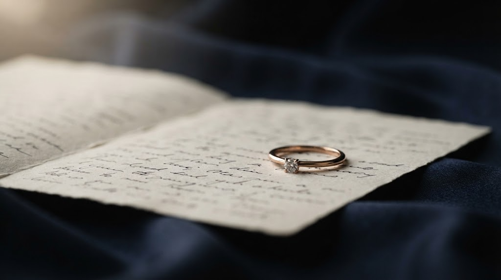 A slim gold ring with a single small stone on an open handwritten note