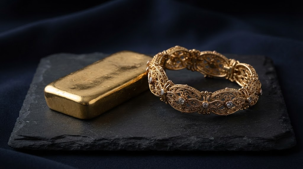 A gold bar beside a worked gold bracelet