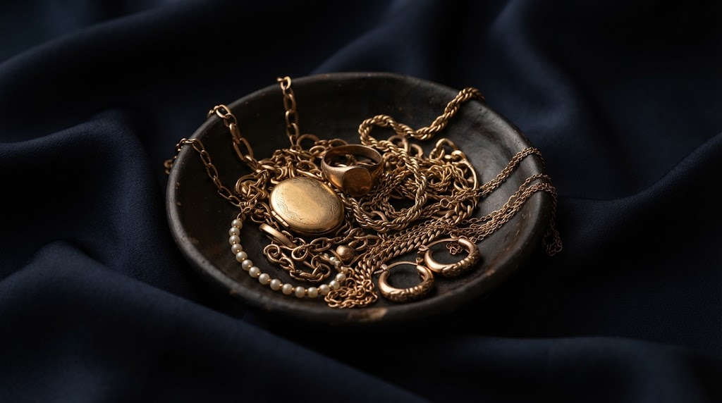 A dish of old mismatched gold chains