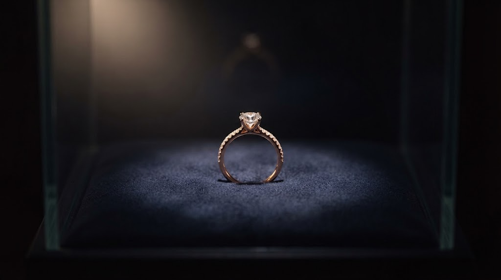 A single rose-gold ring in a lit vitrine