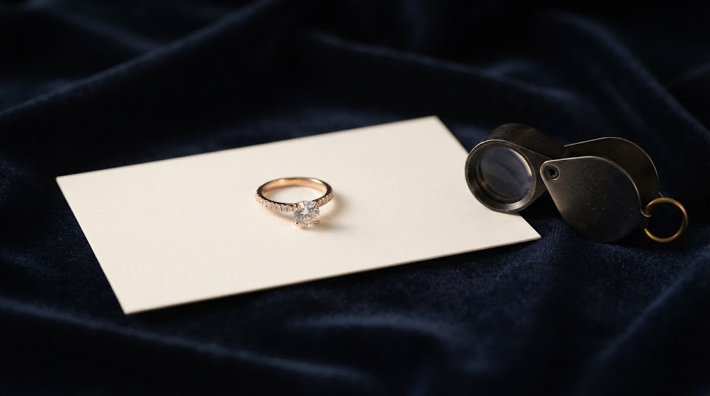 A rose-gold ring on a blank card beside a loupe