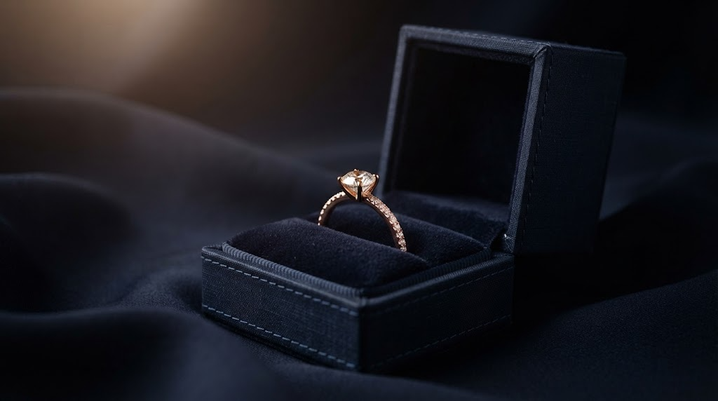 An open ring box with a rose-gold diamond ring