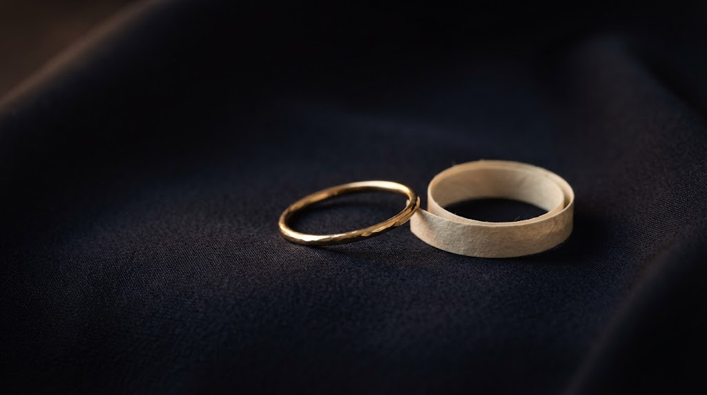 A gold ring beside a strip of paper curled into a circle