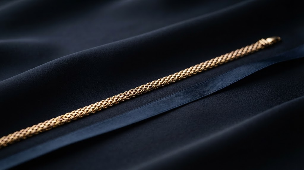 A gold bracelet lying open in a straight line beside a measuring ribbon