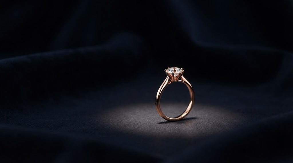 A single rose gold solitaire ring lit in a wide dark space