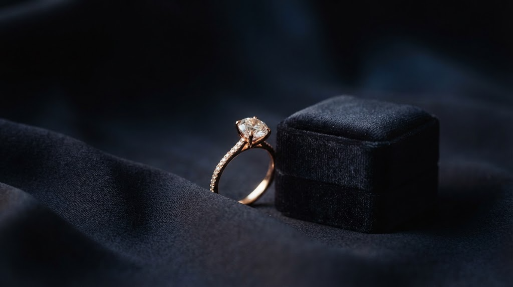 A rose gold ring beside a closed ring box on a dark surface