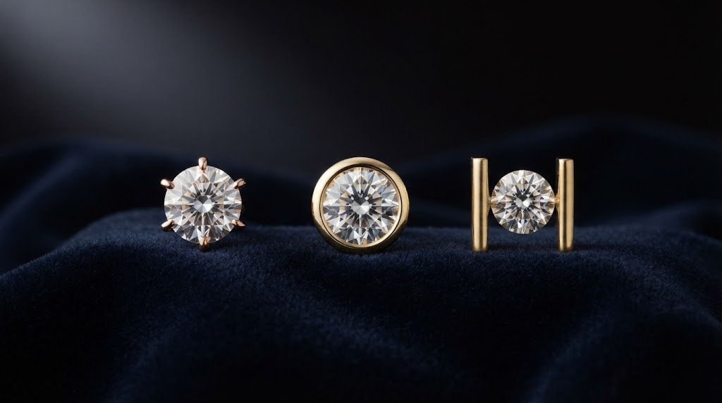 Three loose diamonds held in different setting styles on dark velvet