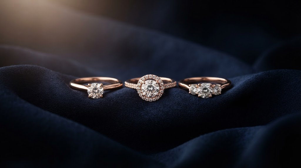 Three rose gold rings in solitaire, halo and three stone styles