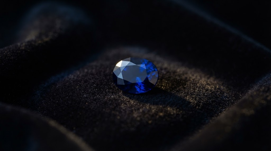 A deep blue sapphire on black velvet