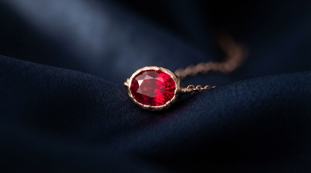 A vivid red ruby on dark silk