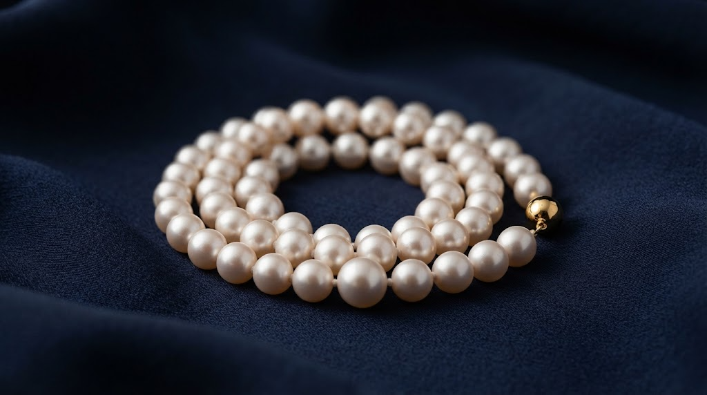 A strand of lustrous white pearls coiled on navy silk