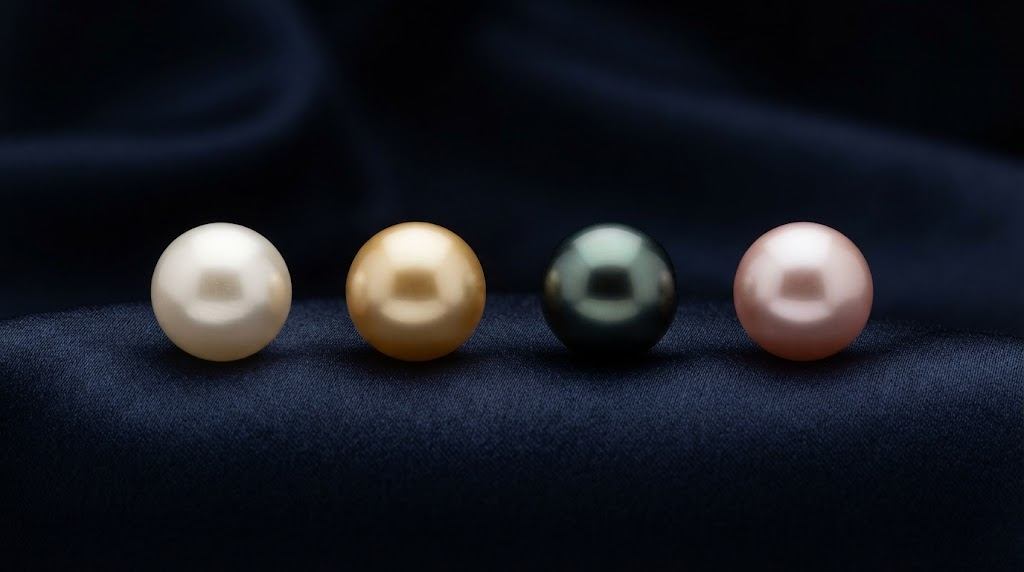 Four pearls of different colours in a row on dark velvet
