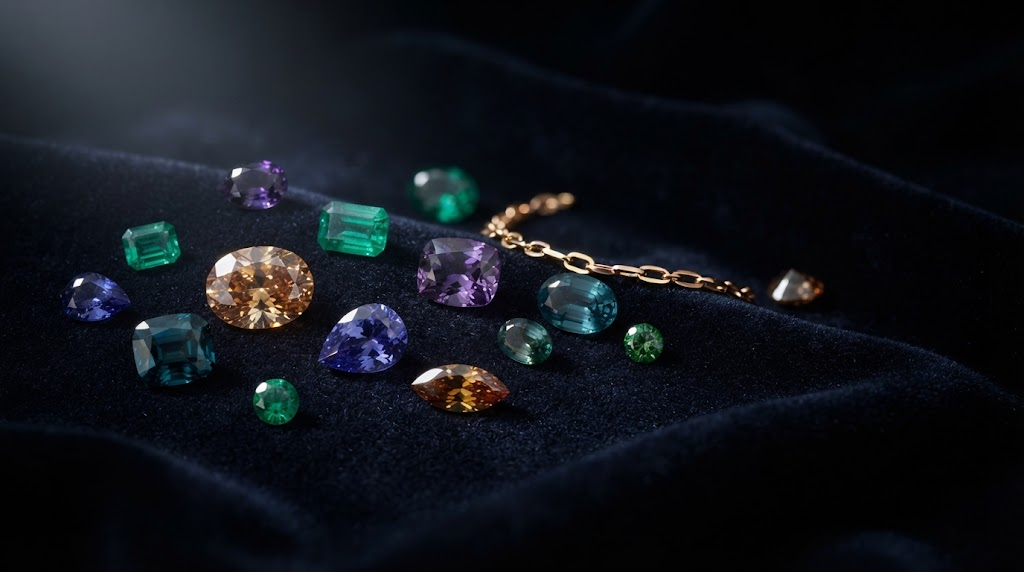 Loose coloured gemstones scattered on black velvet
