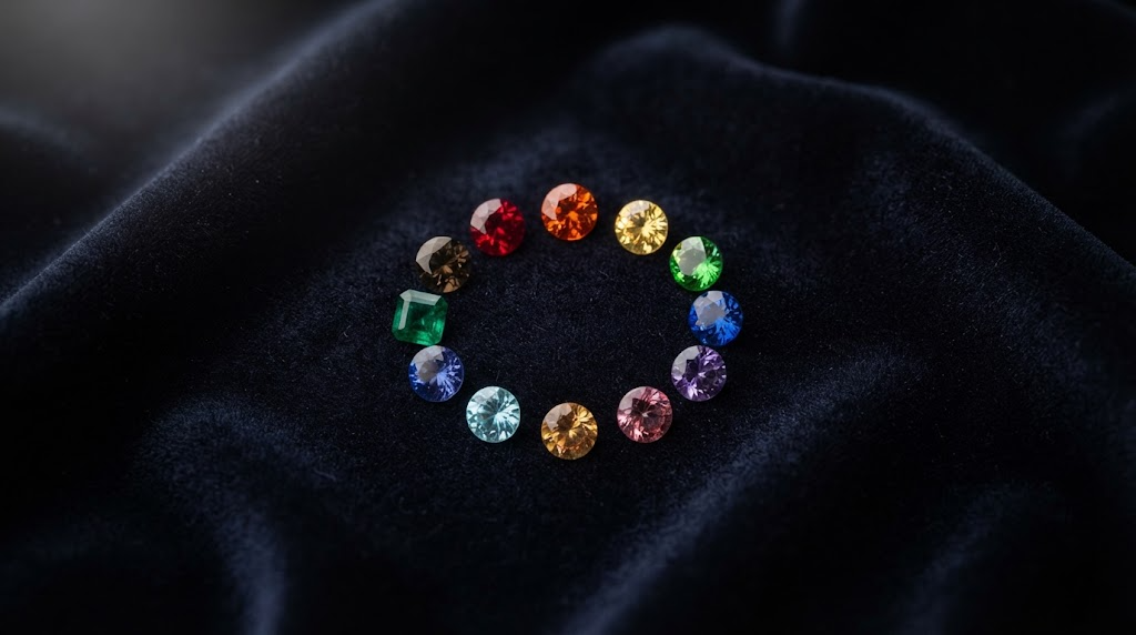 Twelve coloured gemstones arranged in a circle on dark velvet