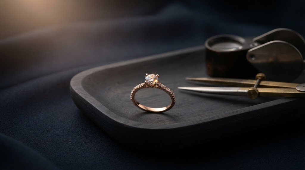 A rose gold ring on a tray beside jeweller's callipers and a loupe