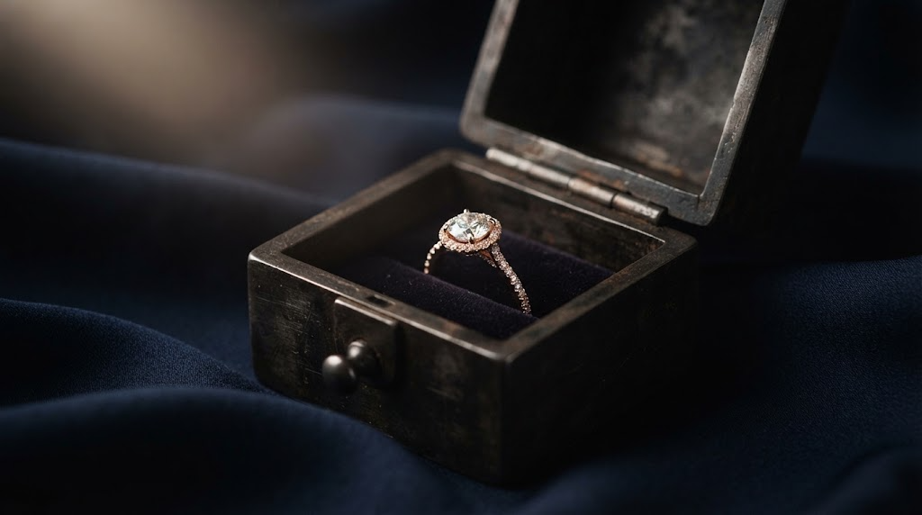 A rose gold ring inside a small dark metal box lit by a single beam