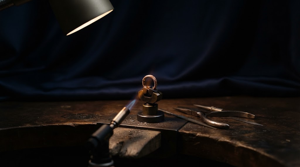A jeweller's bench with fine tools and a gold ring in a clamp