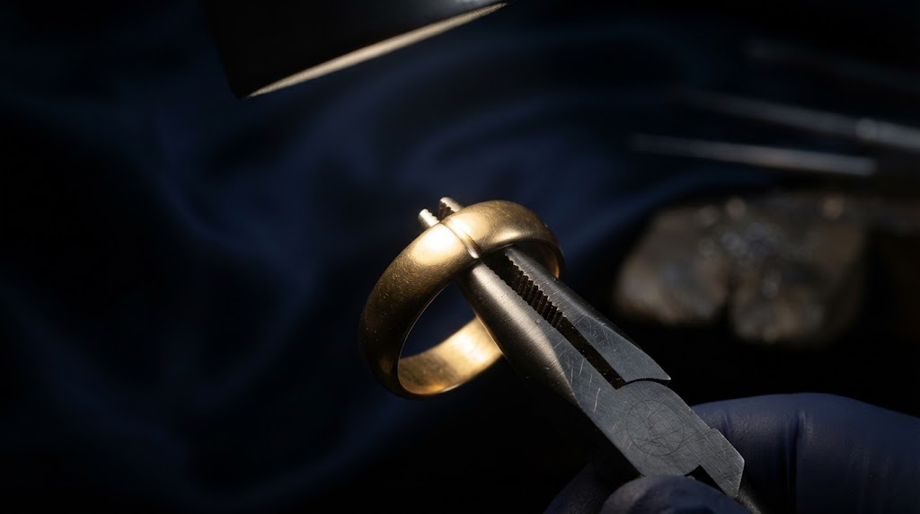 A gold ring band held in fine jeweller's pliers under a work light