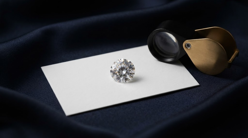 A loose diamond on a blank card beside a jeweller's loupe
