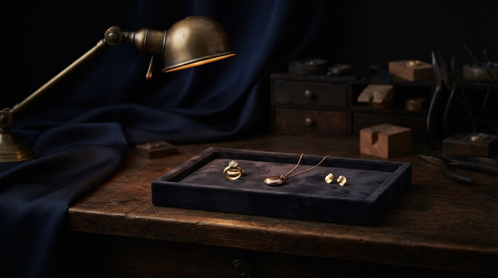 A warmly lit jewellery atelier interior at dusk