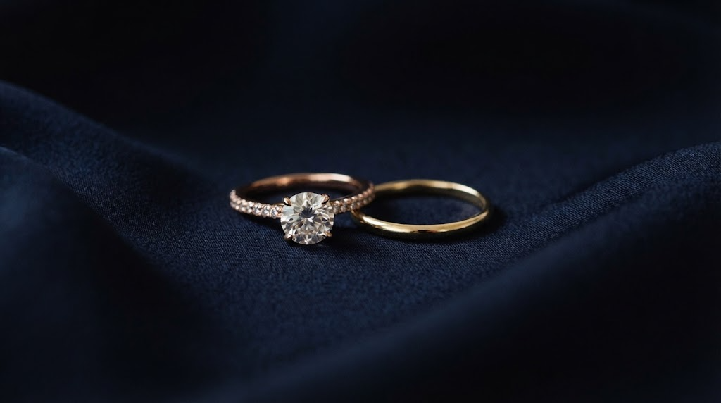 A rose gold engagement ring nested beside a plain gold band