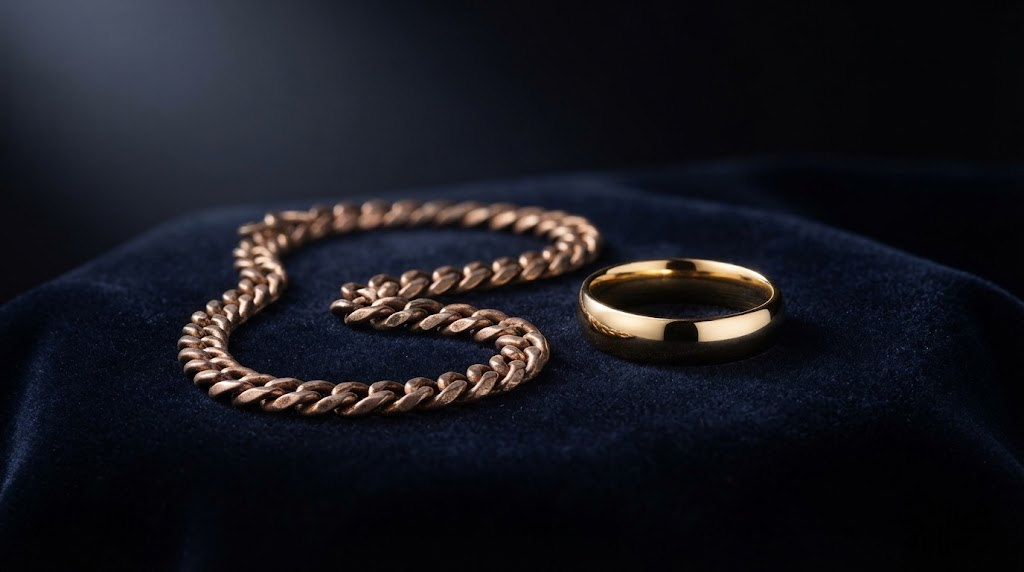 An old worn gold chain beside a newly polished modern gold ring