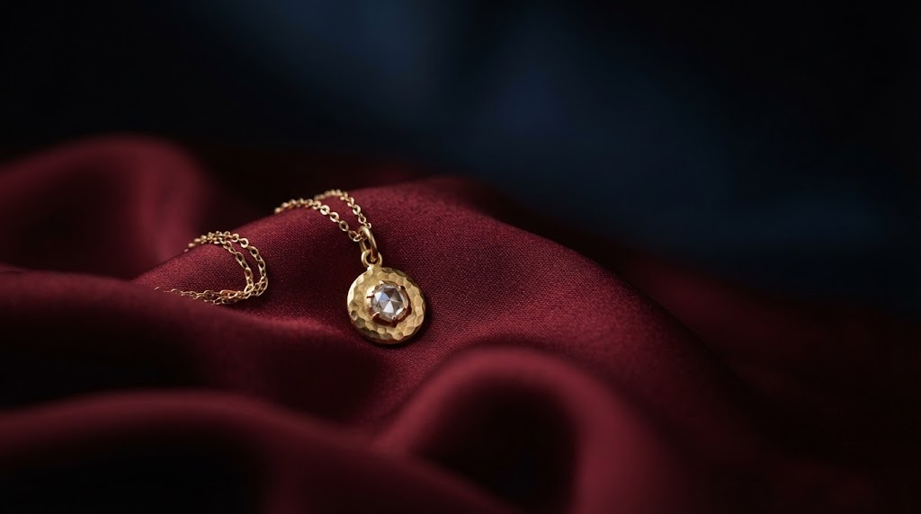 A small gold pendant on folded deep red silk