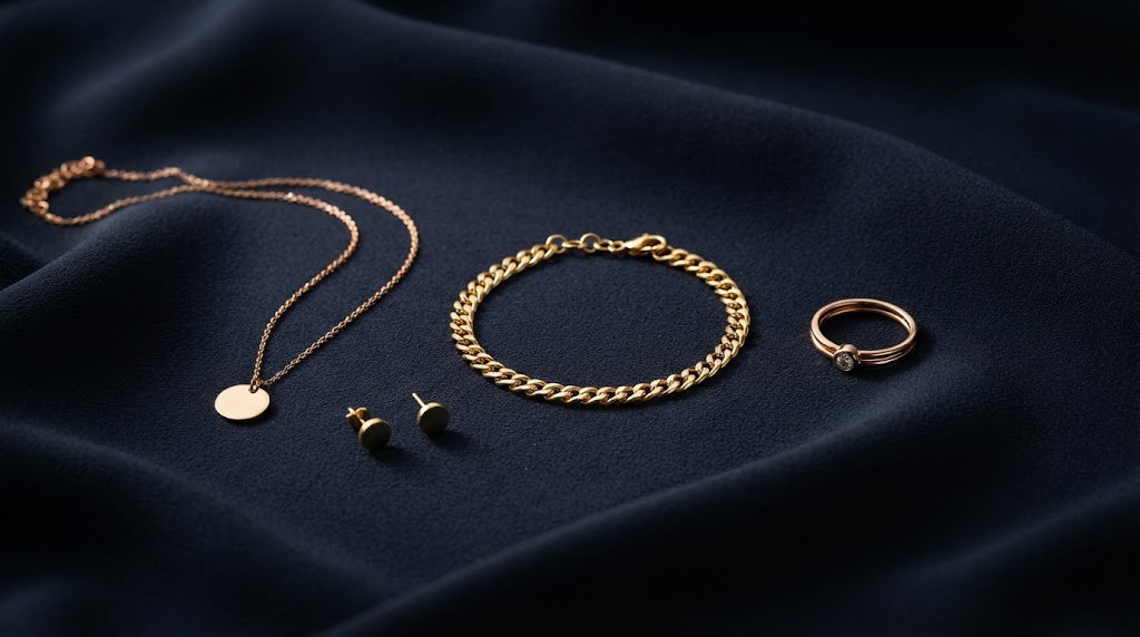 Fine gold jewellery arranged in a flat lay on navy silk