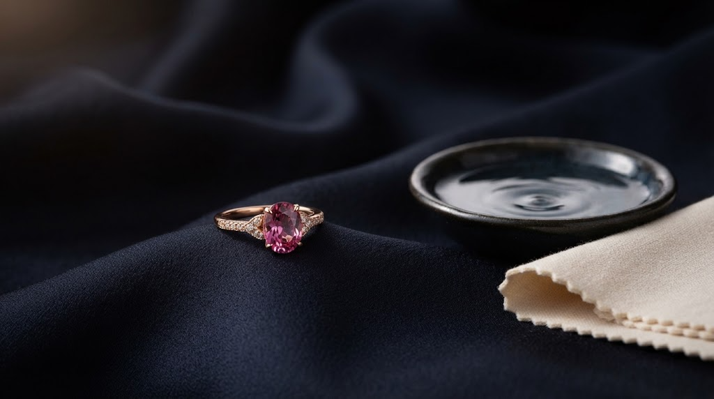 A gemstone ring beside a soft cloth and a dish of water