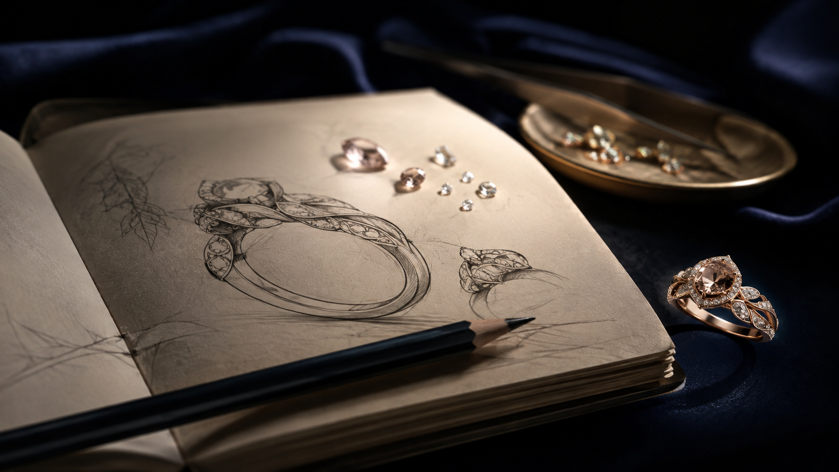 A jeweller's bench with a sketchbook, pencil and loose stones