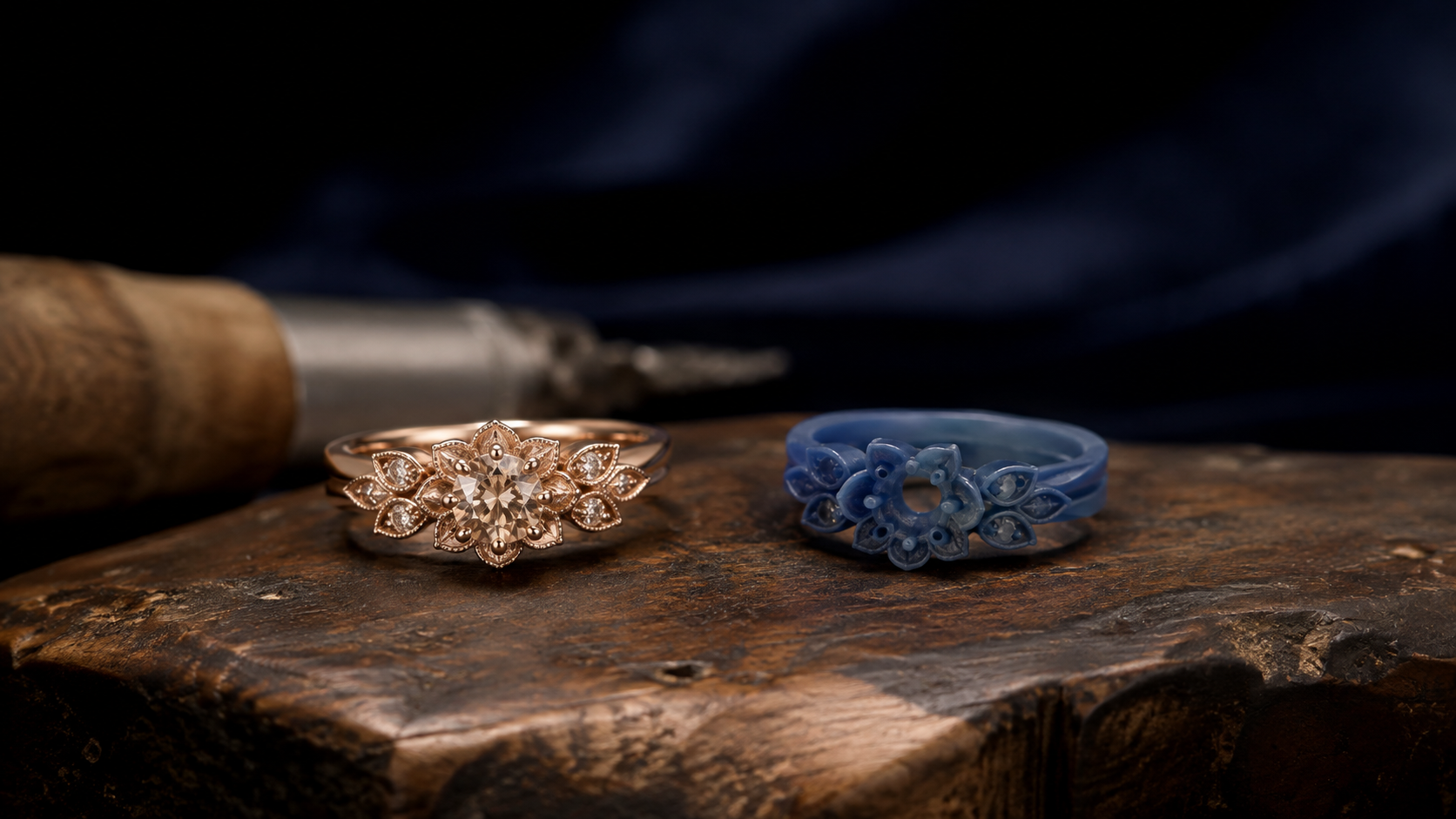 A wax ring model beside a finished gold ring on a bench