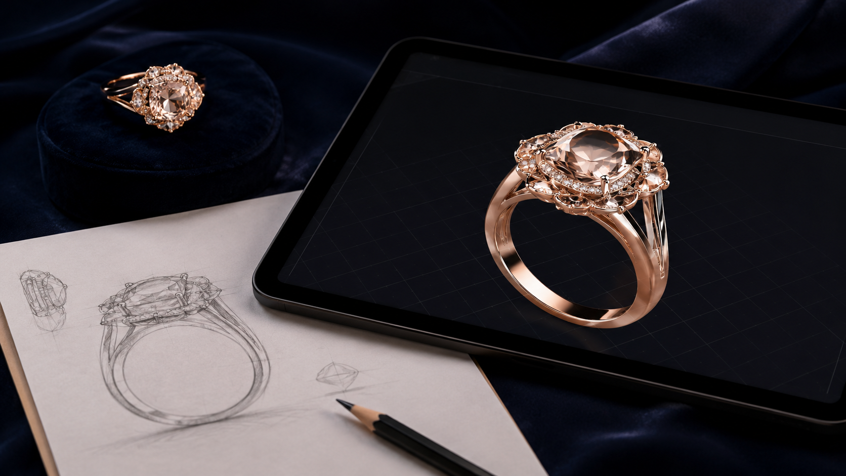 A three-dimensional computer model of a ring on screen beside a sketch