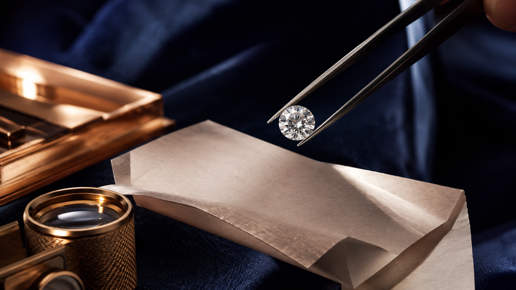 A loose diamond in tweezers above a paper stone packet