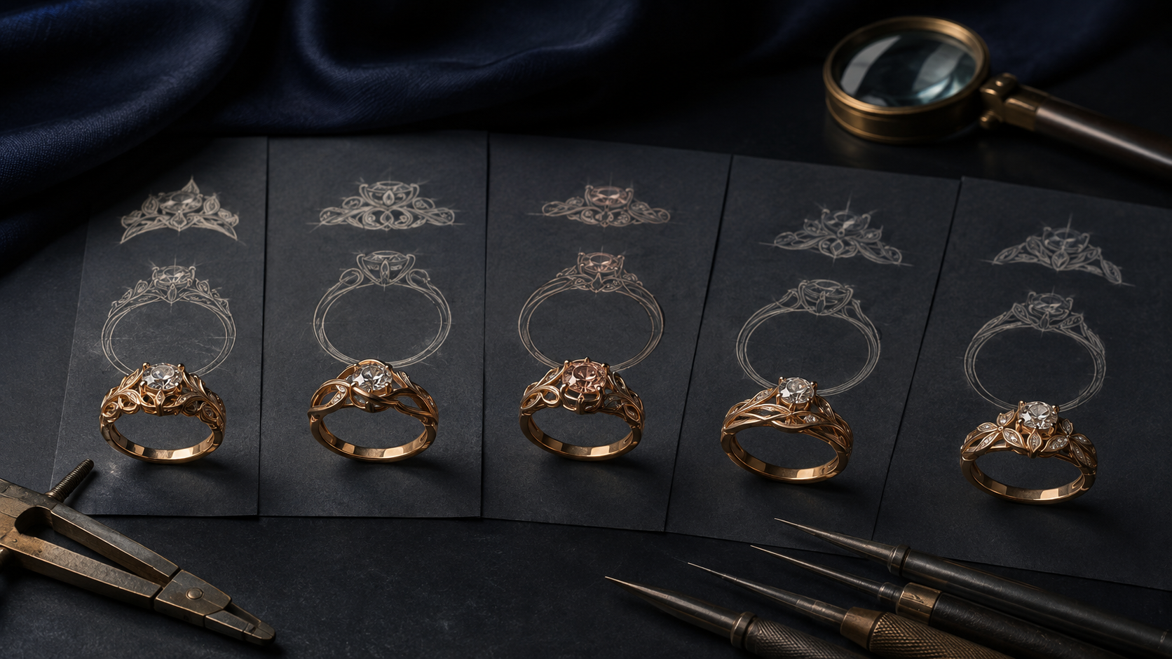 Several versions of a ring sketch laid out side by side