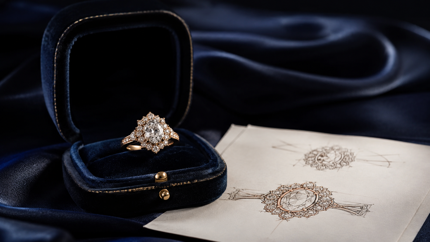 A finished ring in a case beside a design drawing