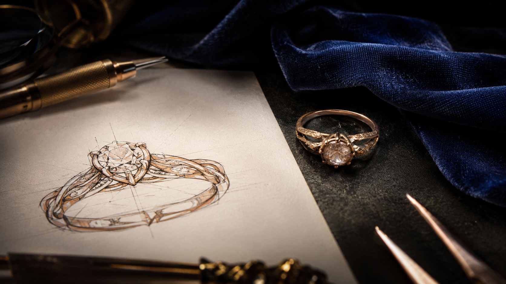An old ring beside a new design sketch on a jeweller's bench