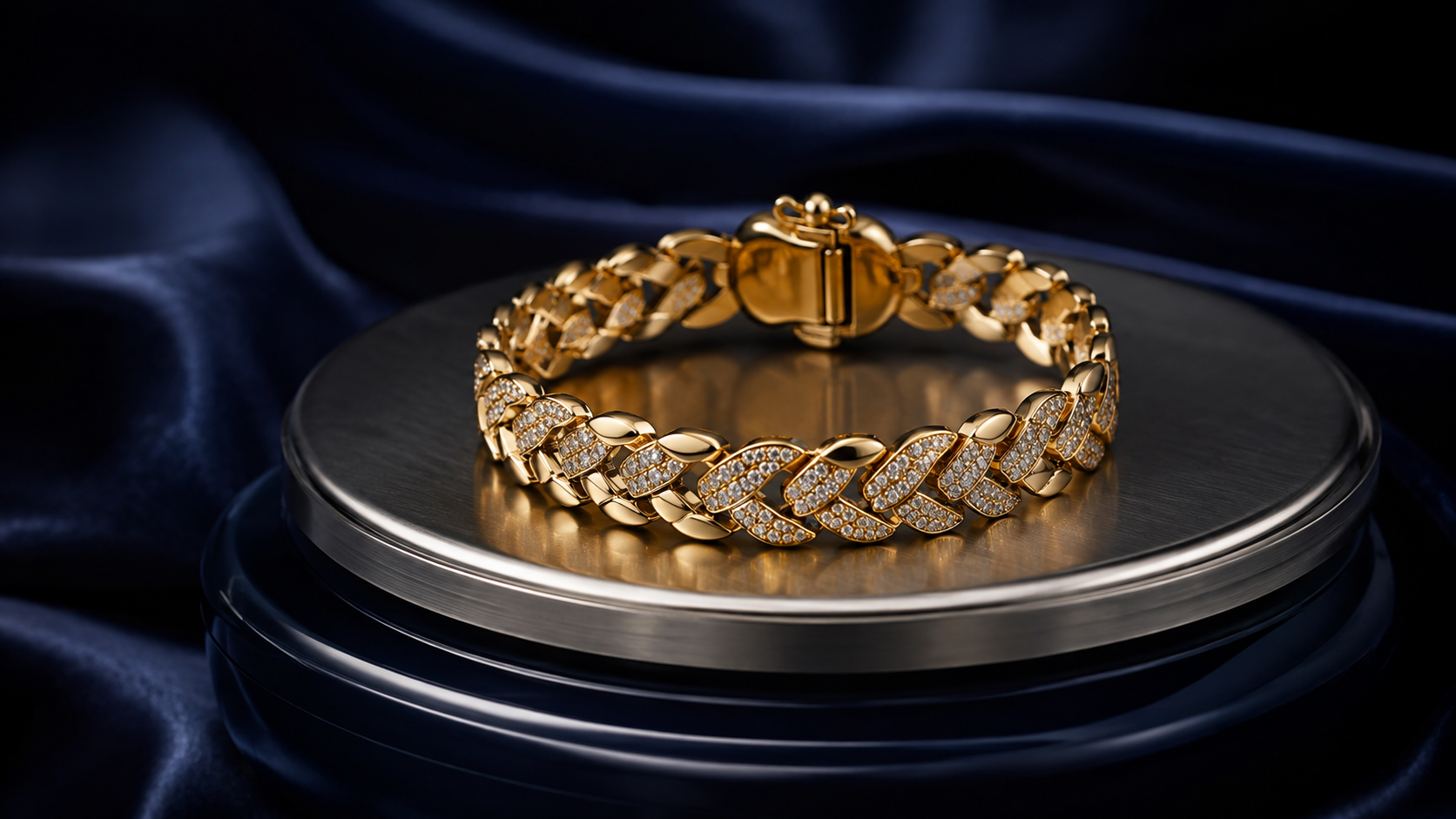 A gold bracelet on a jeweller's scale