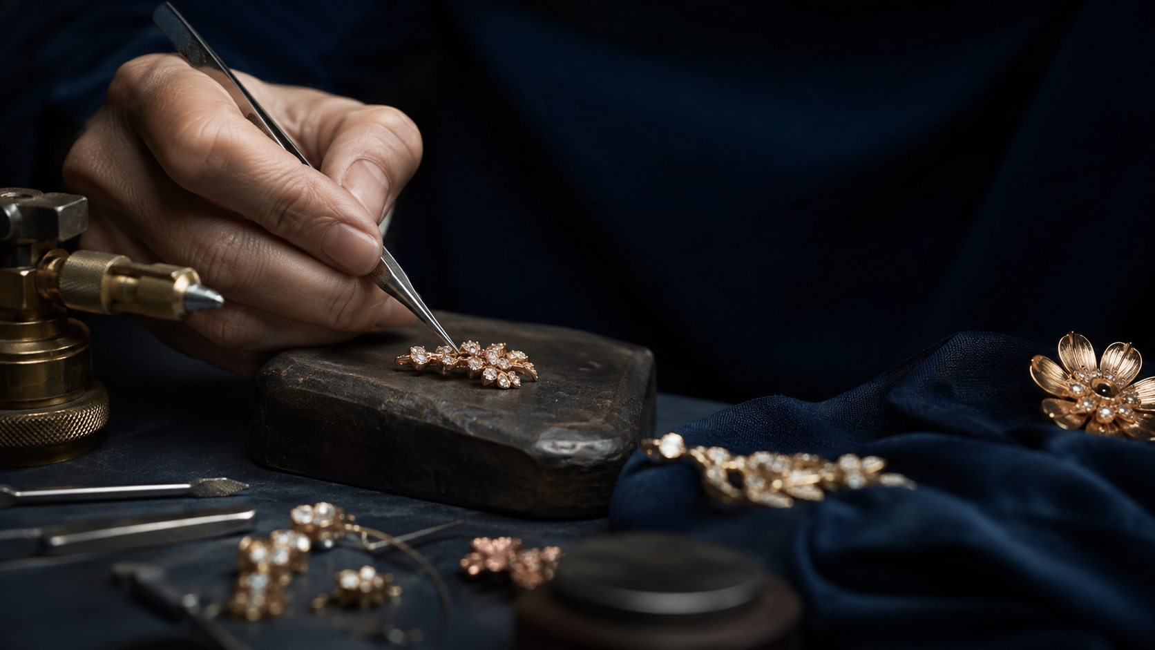 A jeweller working at a bench under a lamp