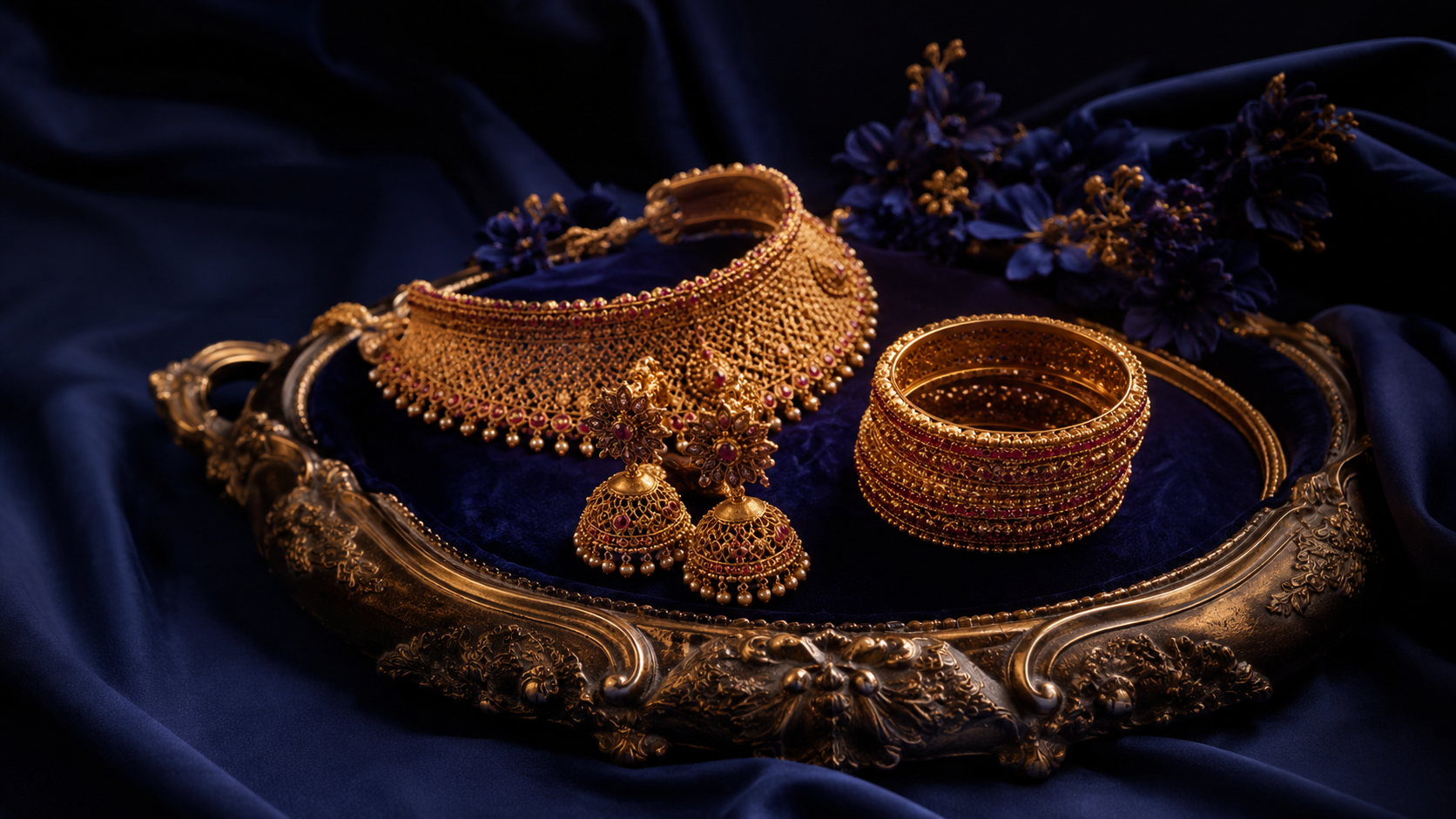 Gold jewellery arranged on a decorated hantaran tray