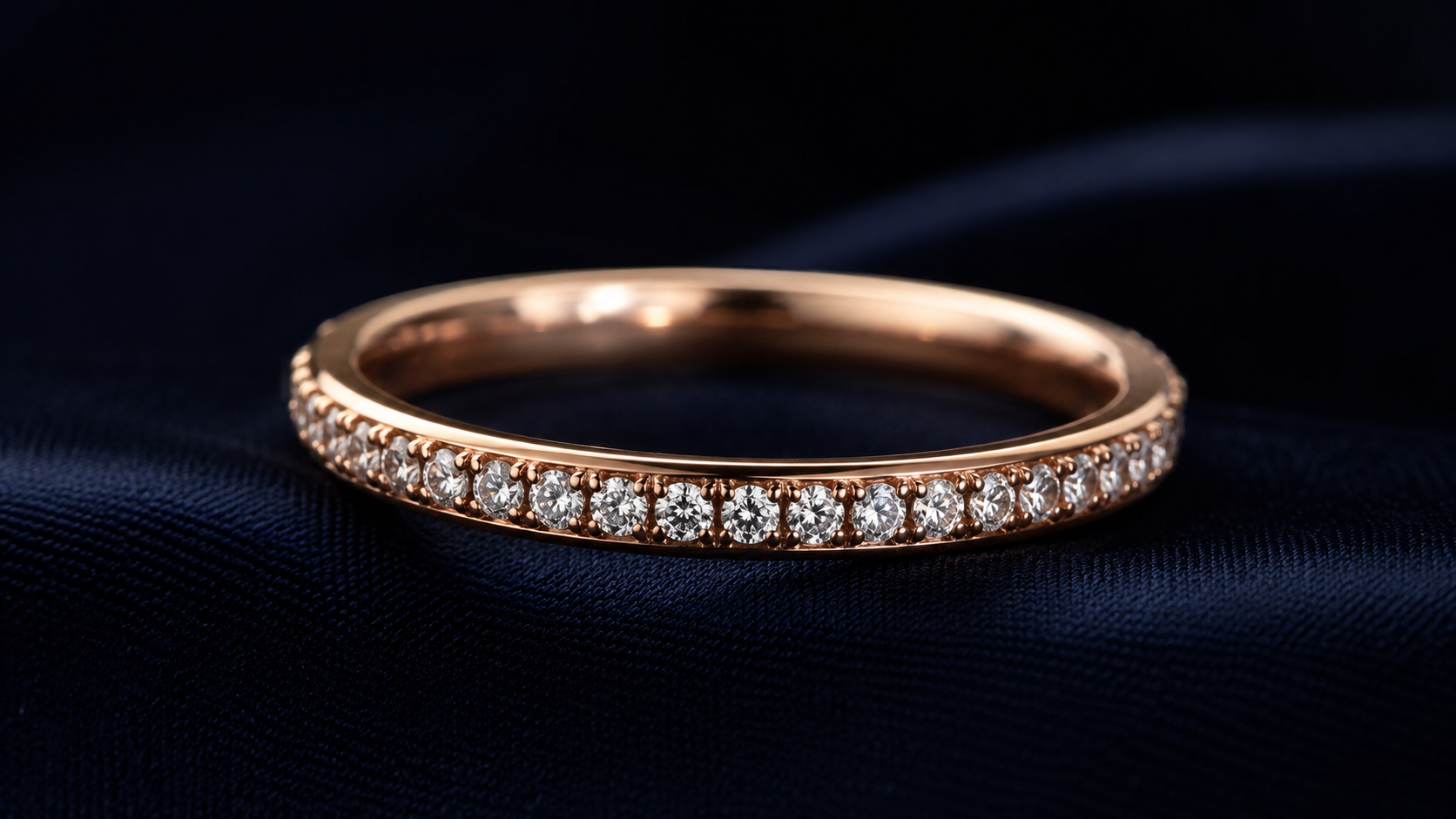 A close view of small diamonds set along a ring band