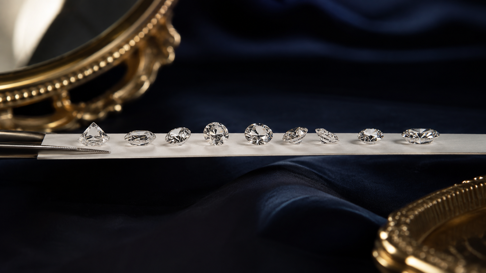 A row of loose diamonds arranged on white card, viewed from the side against a plain background
