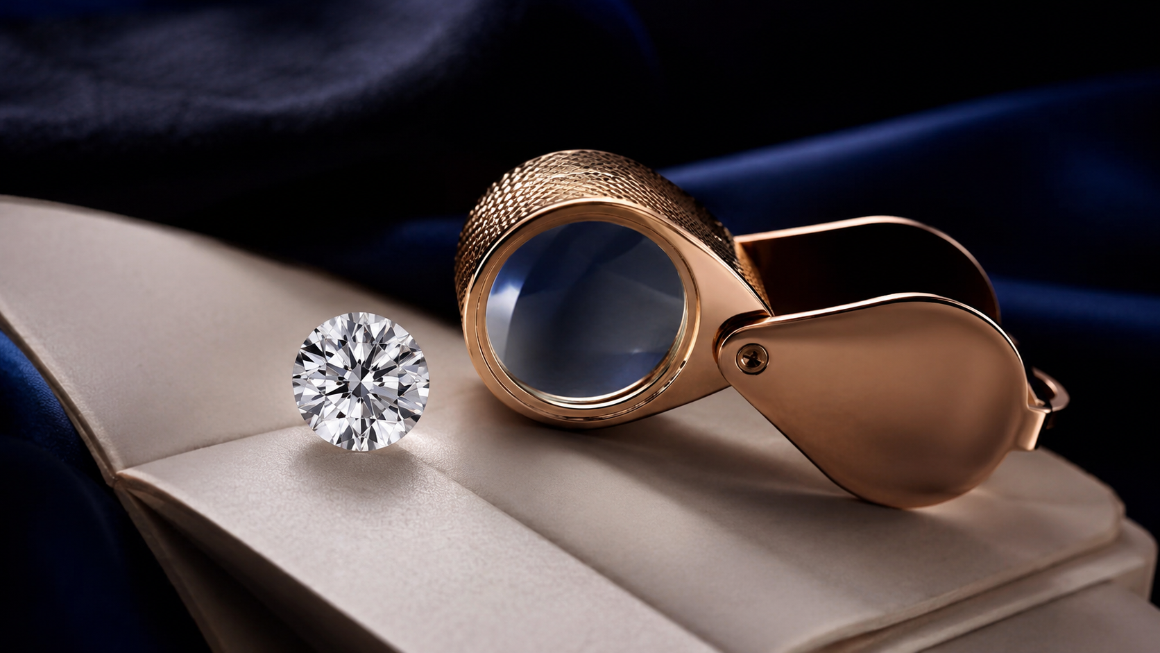 A loose diamond resting on a folded grading report with a jeweller's loupe beside it