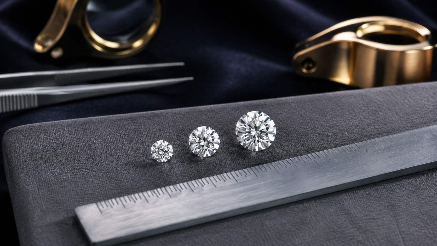 Three round diamonds of increasing size placed in a line on a grey linen cloth beside a steel ruler