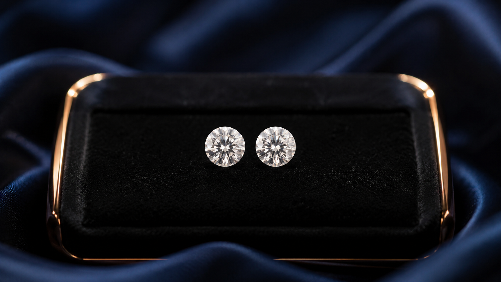 Two nearly identical round diamonds side by side on a black velvet tray under soft light