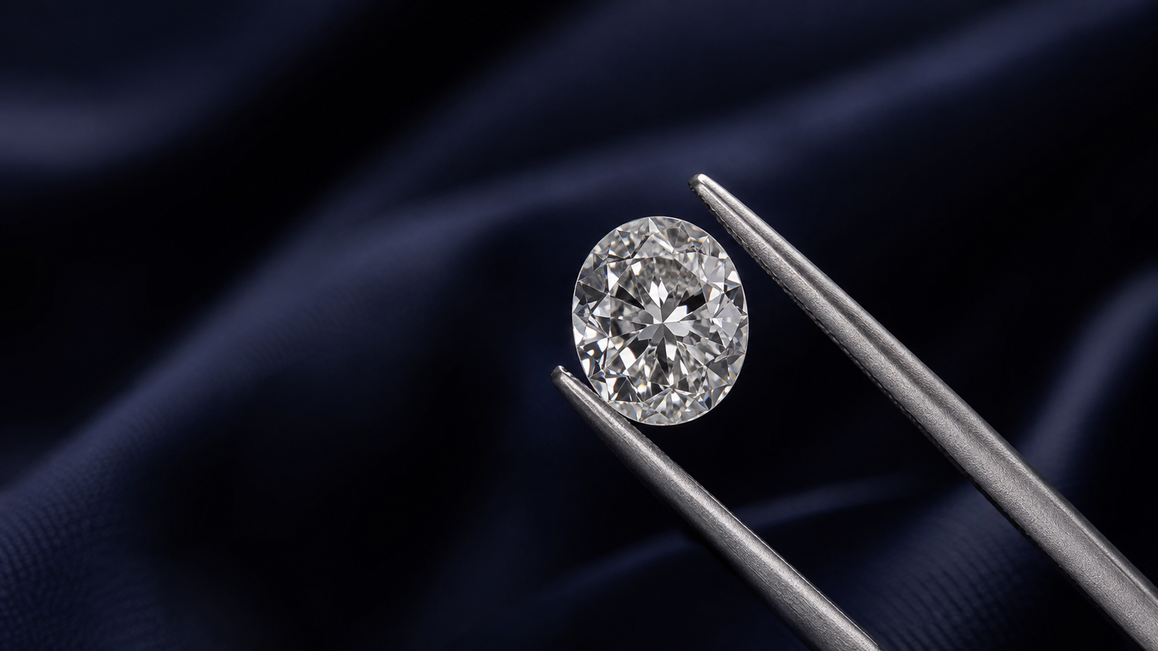 A loose oval diamond held in steel tweezers against a pale grey background, tilted to show its outline