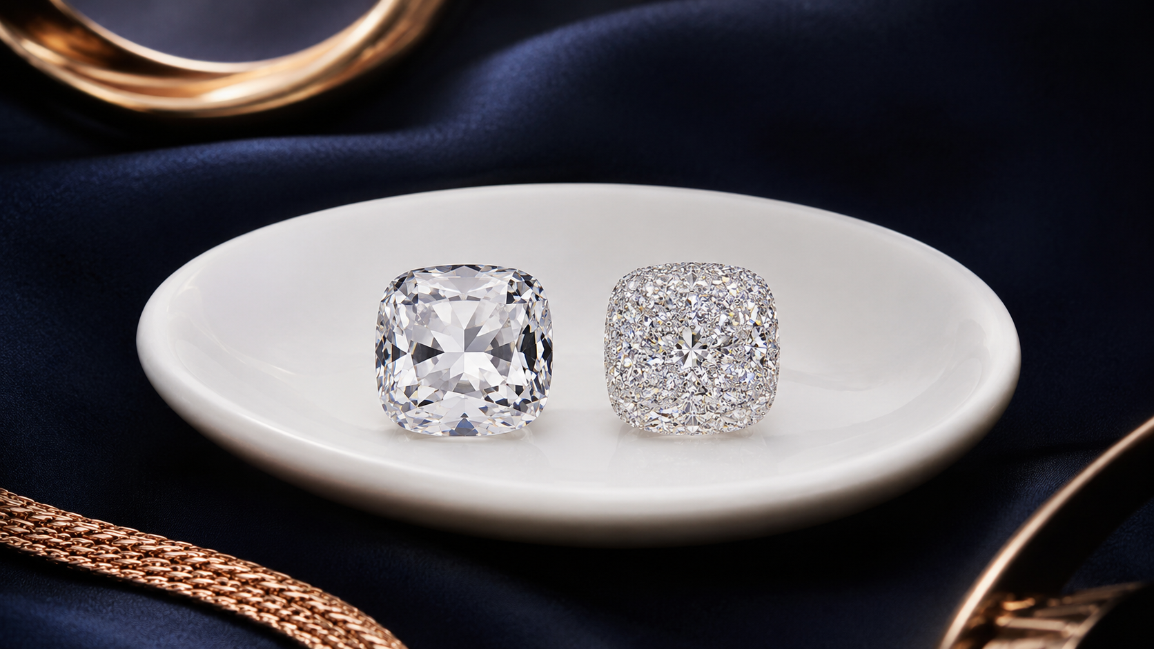 Two cushion shaped diamonds side by side on a white ceramic dish, one with large clear facets and one with a fine sparkling texture