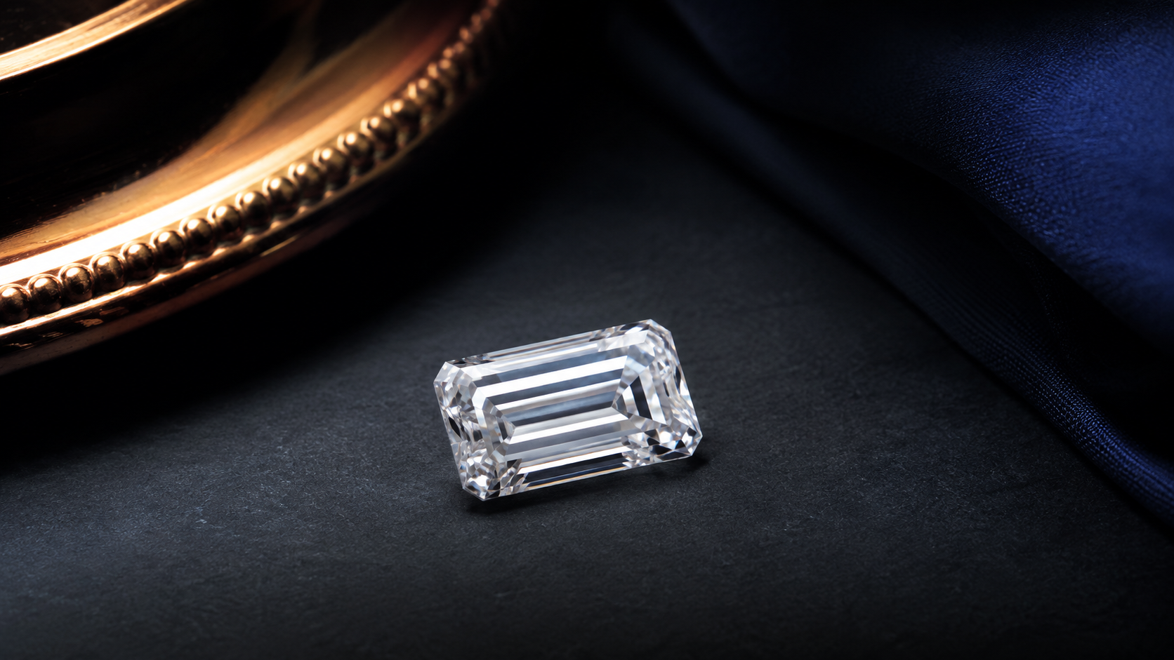 A rectangular step cut diamond lying flat on a sheet of dark paper, its long parallel facets catching a single light source