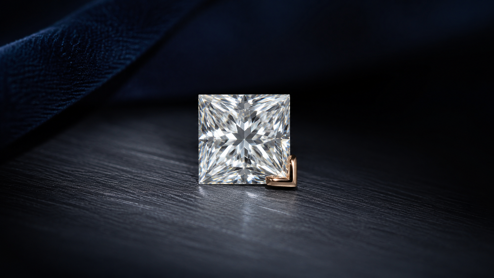 A square brilliant diamond seen from above on a brushed steel surface, with one corner held by a small V-shaped metal claw