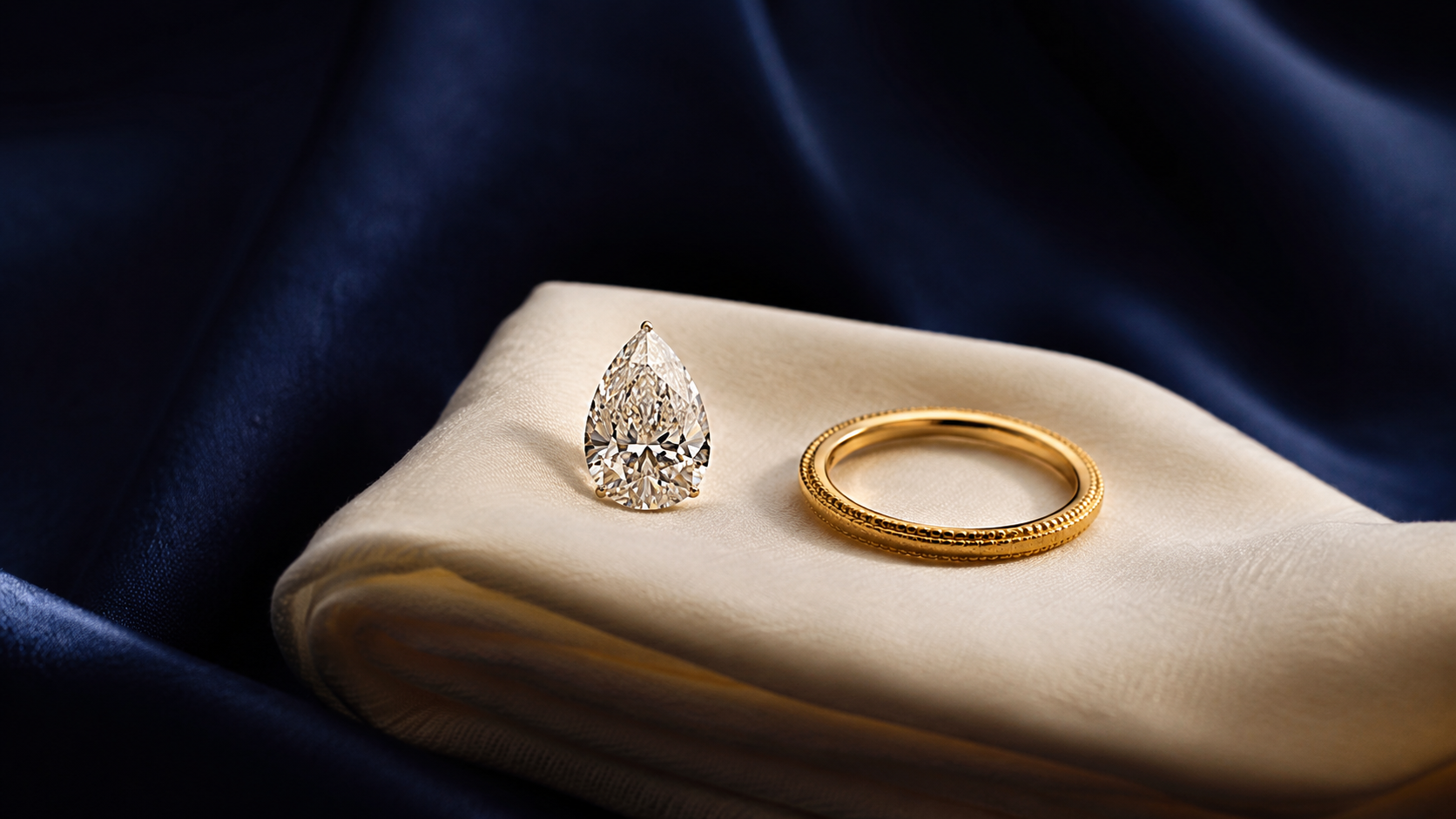 A teardrop shaped diamond resting point upward on a folded cream cloth, with a fine gold band beside it