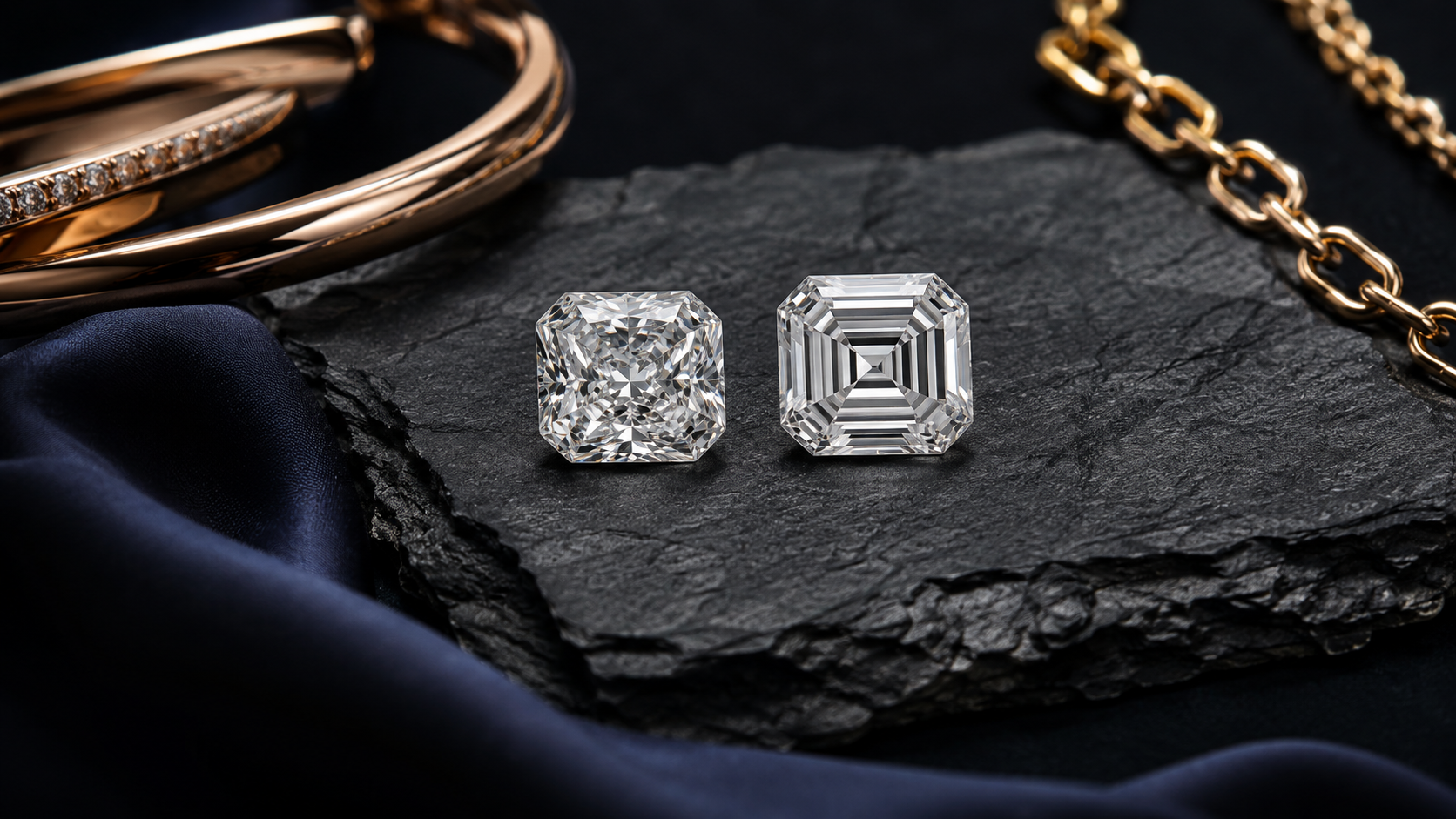 Two square diamonds with clipped corners placed on a slate tile, one glittering with many small facets and one showing broad concentric steps